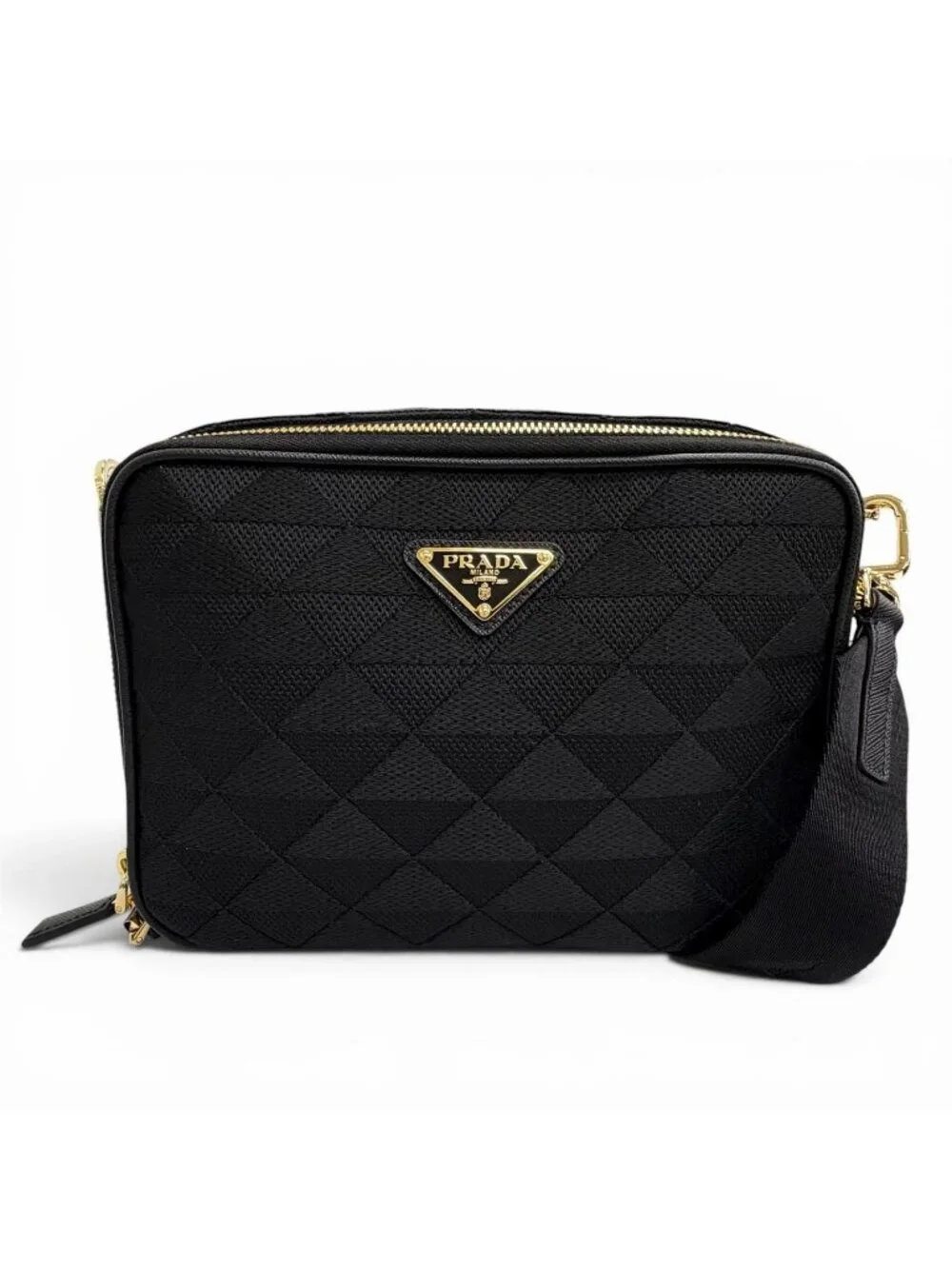Prada Brick Triangle Logo Jacquard Leather Shoulder Bag Black